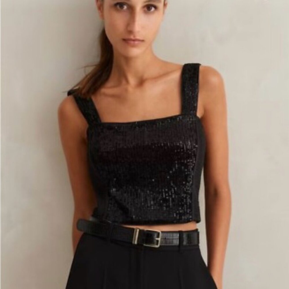Me + Em Silk Blend Velvet Sequin Crop Top Black